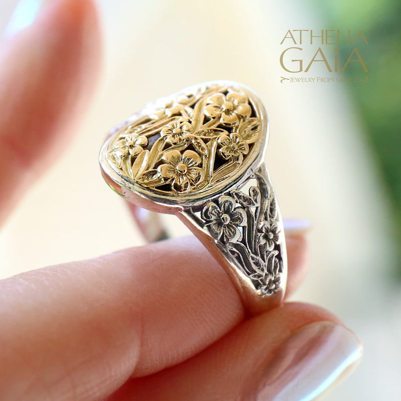 Meadow Shadows Wide Band Oval Ring - 18k Gold & Sterling Silver Ring - Cocktail Ring
