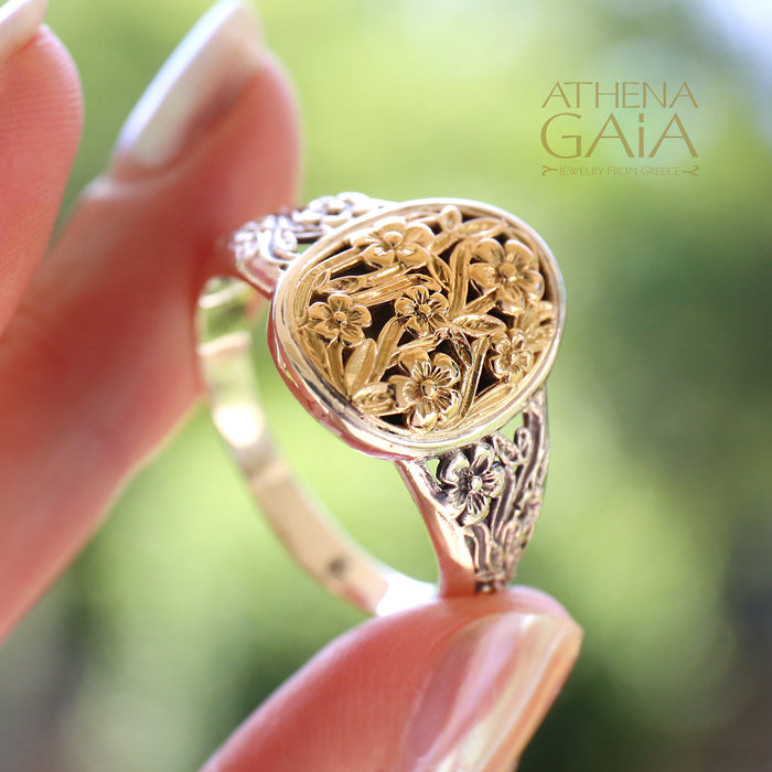 Meadow Shadows Wide Band Oval Ring - 18k Gold & Sterling Silver Ring - Cocktail Ring