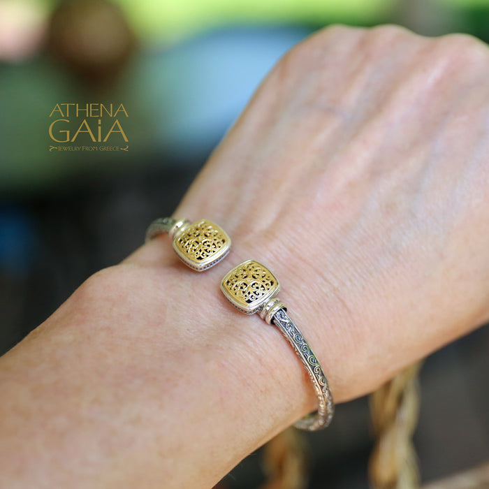 Mediterranean Square Face Bracelet - 18k Gold and Sterling Silver - Hinged Bangle Bracelet