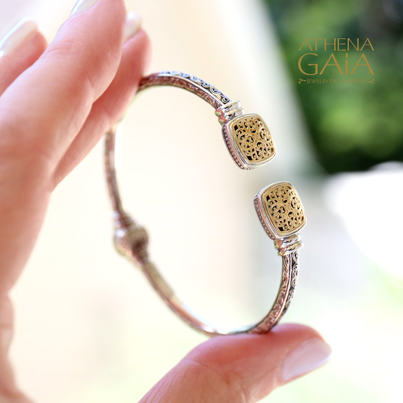 Mediterranean Square Face Bracelet - 18k Gold and Sterling Silver - Hinged Bangle Bracelet