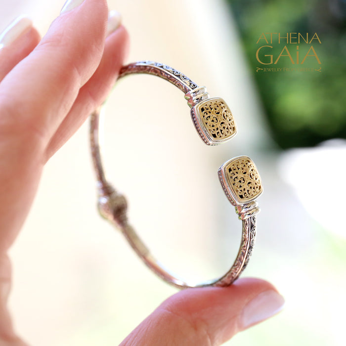 Mediterranean Square Face Bracelet - 18k Gold and Sterling Silver - Hinged Bangle Bracelet