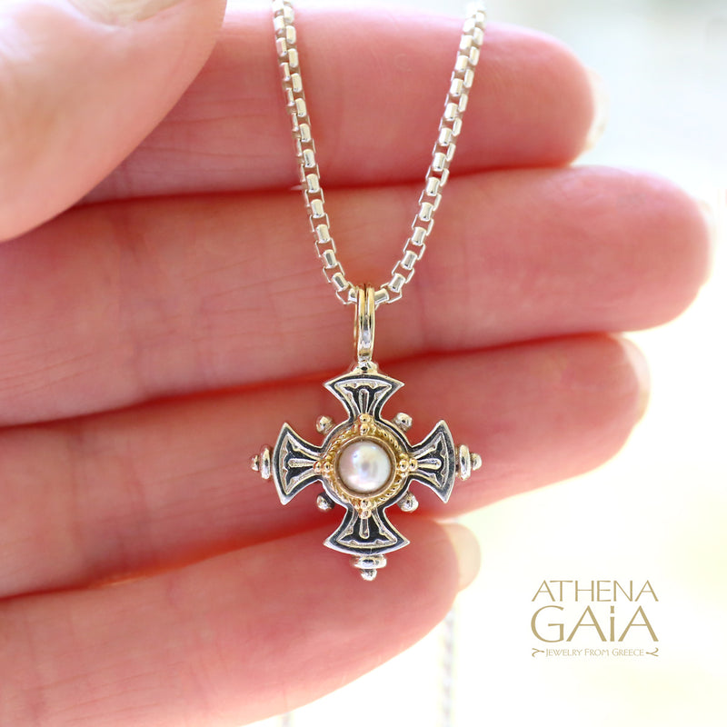 Silver Stone Maltese Cross (Small)- 18k Gold & Sterling Silver - Cross Necklace