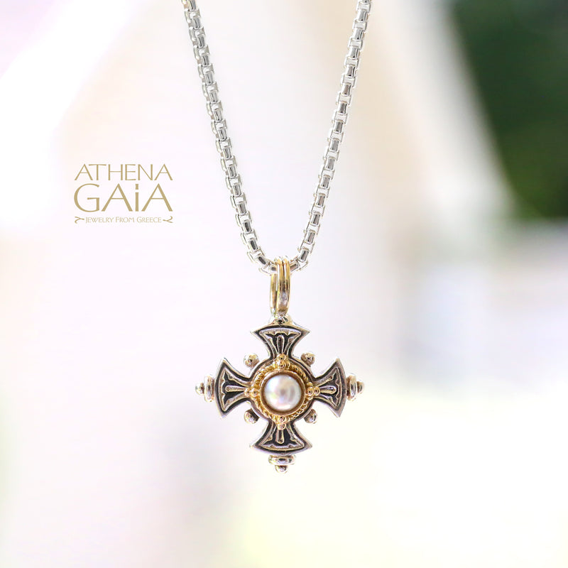Silver Stone Maltese Cross (Small)- 18k Gold & Sterling Silver - Cross Necklace