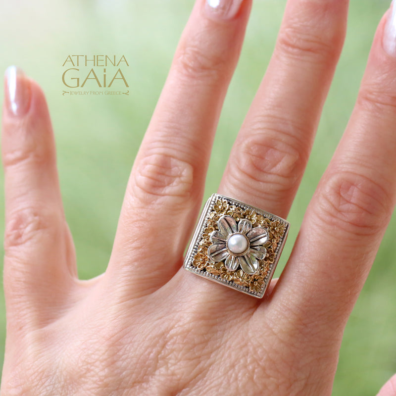Parisian Flower Ring - 18k Gold & Sterling Silver Ring - Cocktail Ring