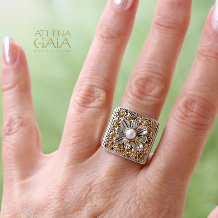 Parisian Flower Ring - 18k Gold & Sterling Silver Ring - Cocktail Ring