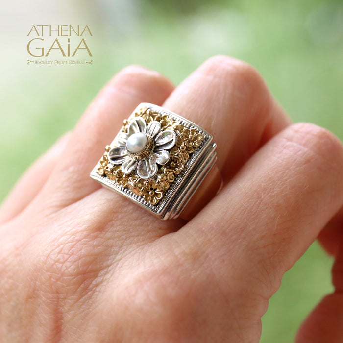 Parisian Flower Ring - 18k Gold & Sterling Silver Ring - Cocktail Ring