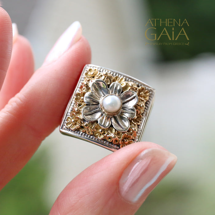 Parisian Flower Ring - 18k Gold & Sterling Silver Ring - Cocktail Ring