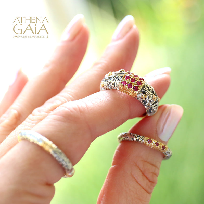 Meadow Breeze Stone Field Band Ring - 18k Gold & Sterling Silver Ring - Stackable Ring