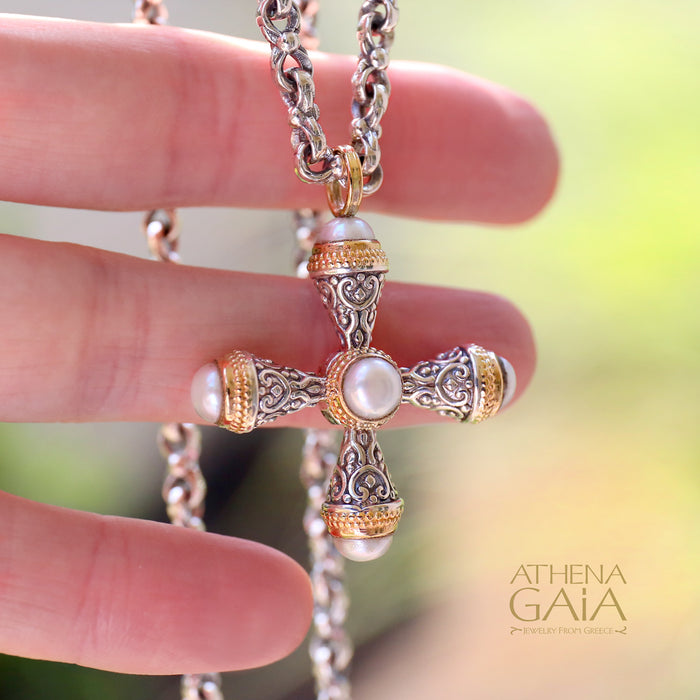 Mini Santorini Pomme Cross - 18k Gold and Sterling Silver - Cross Necklace