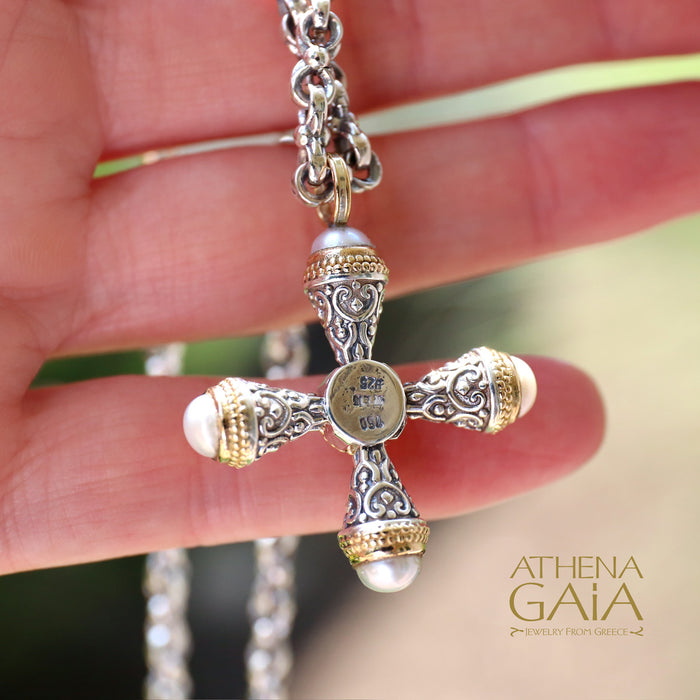 Mini Santorini Pomme Cross - 18k Gold and Sterling Silver - Cross Necklace