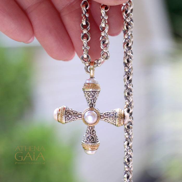 Mini Santorini Pomme Cross - 18k Gold and Sterling Silver - Cross Necklace