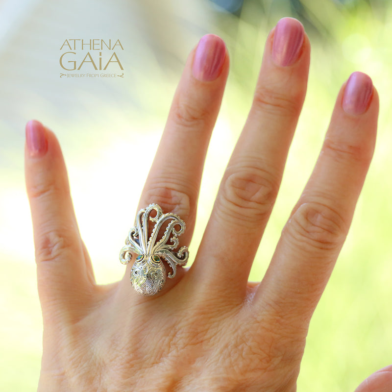 Thalassa Octopus Gemstone Ring - 18k Gold & Sterling Silver Ring - Cocktail Ring