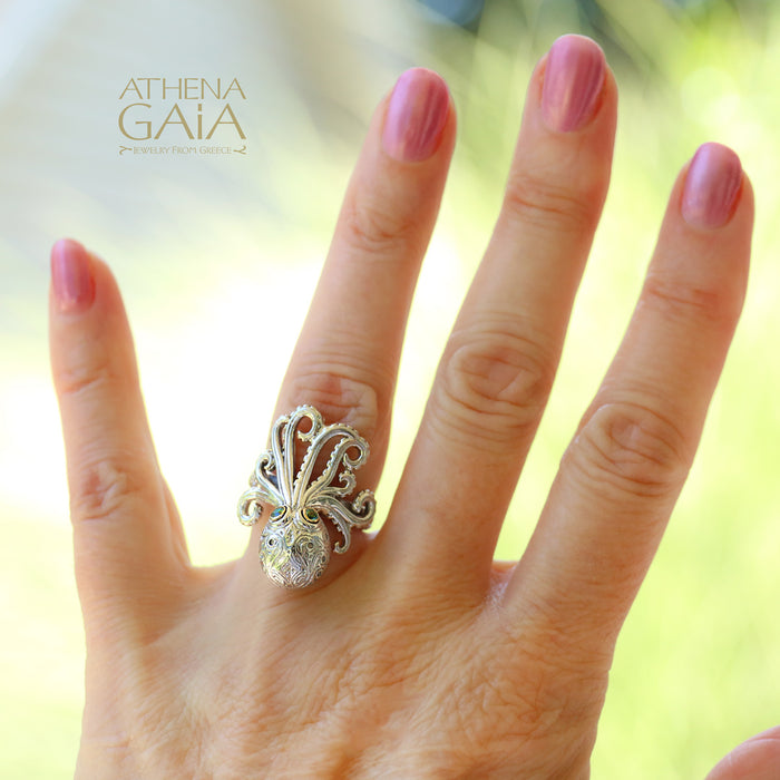 Thalassa Octopus Gemstone Ring - 18k Gold & Sterling Silver Ring - Cocktail Ring