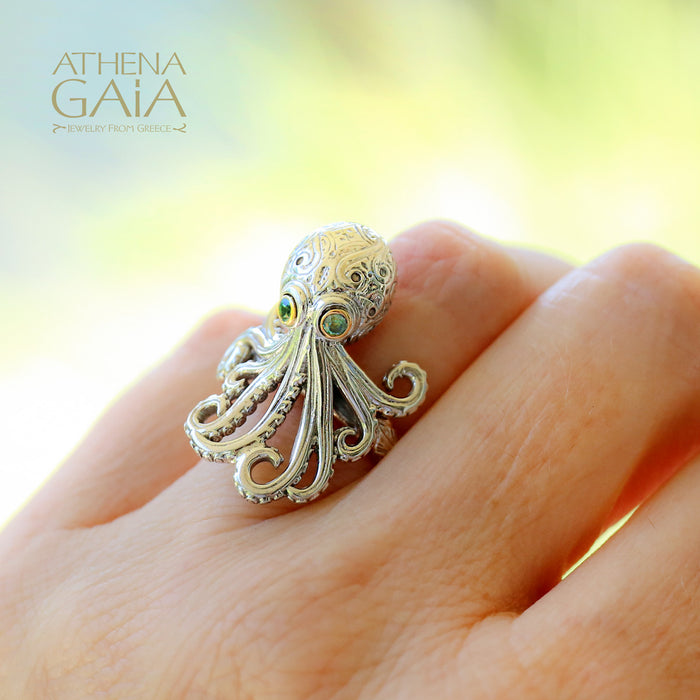 Thalassa Octopus Gemstone Ring - 18k Gold & Sterling Silver Ring - Cocktail Ring