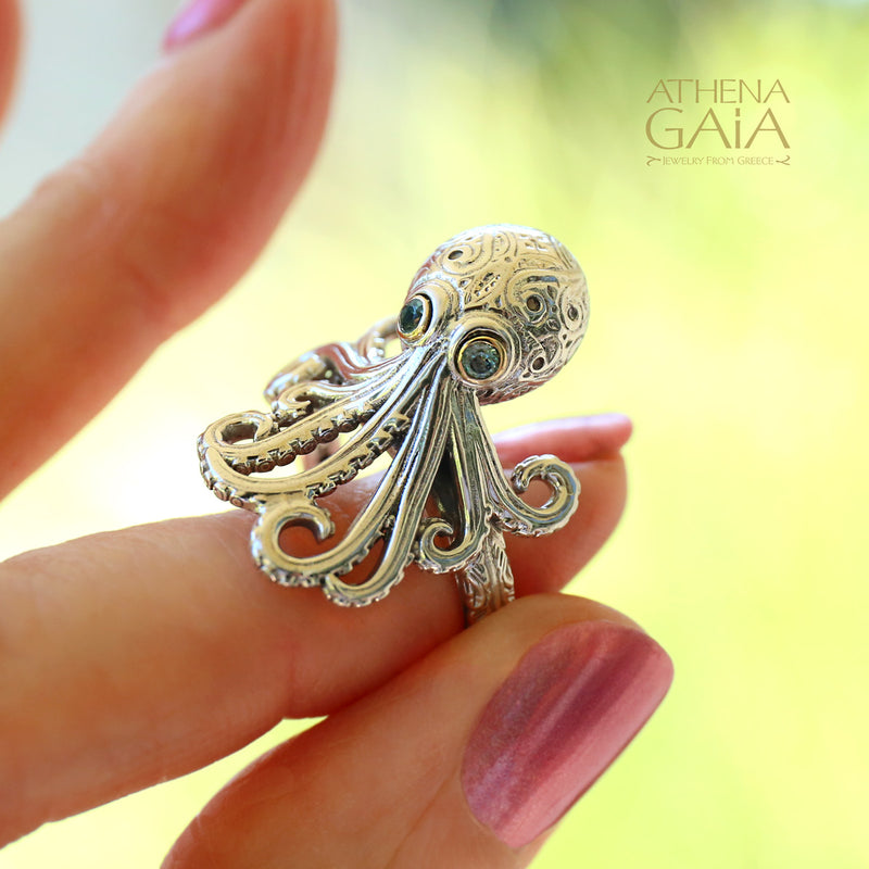 Thalassa Octopus Gemstone Ring - 18k Gold & Sterling Silver Ring - Cocktail Ring