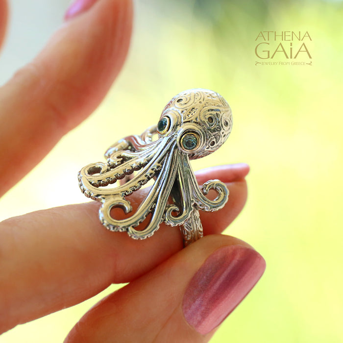 Thalassa Octopus Gemstone Ring - 18k Gold & Sterling Silver Ring - Cocktail Ring