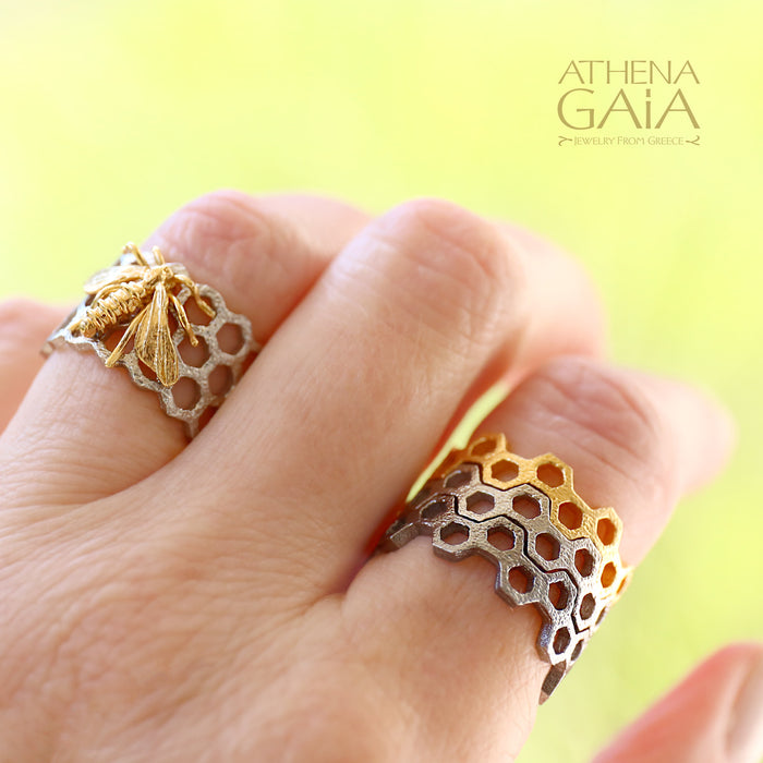 Organic 3-Stack Honeycomb Ring Set - Gold Plated Sterling Silver - Stackable Rings (In-Stock)