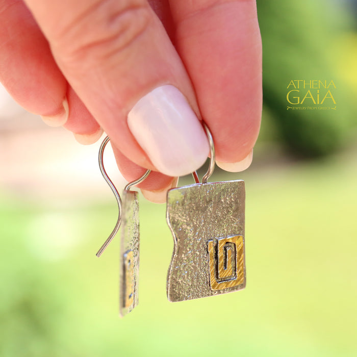 Greek Key Panel Earrings - Gold Plated Sterling Silver - French Wire Earrings