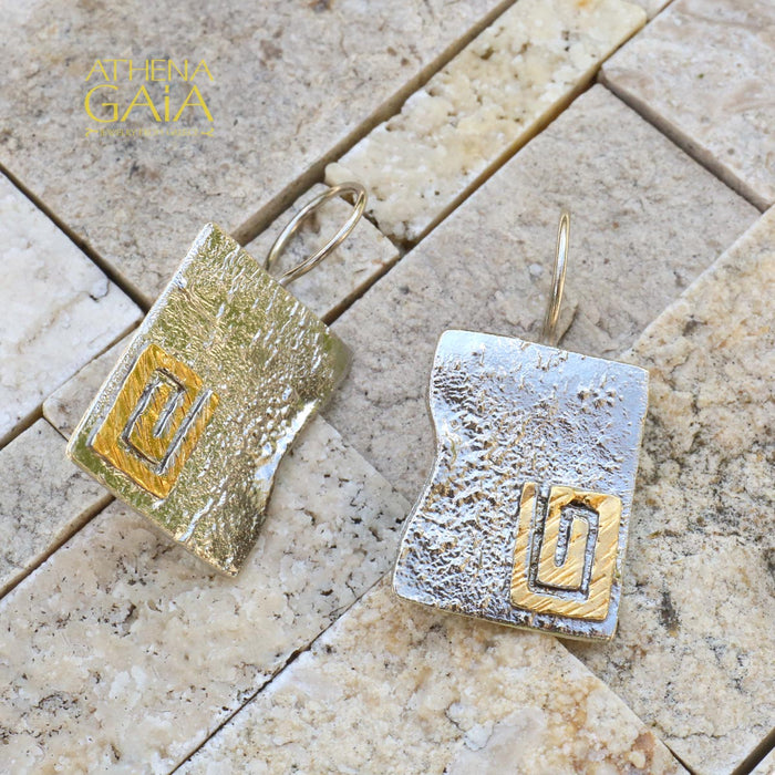 Greek Key Panel Earrings - Gold Plated Sterling Silver - French Wire Earrings