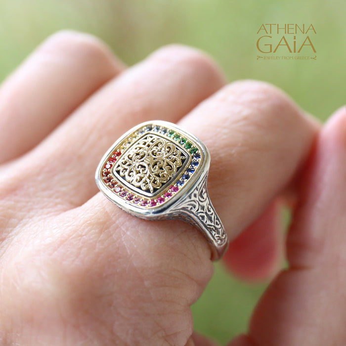 Kosmos Square Ring - 18k Gold & Sterling Silver Ring - Signet Ring