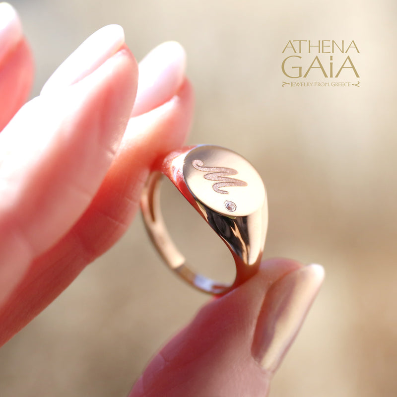 Etched Initial Ring - 18k Gold Ring - Signet Ring