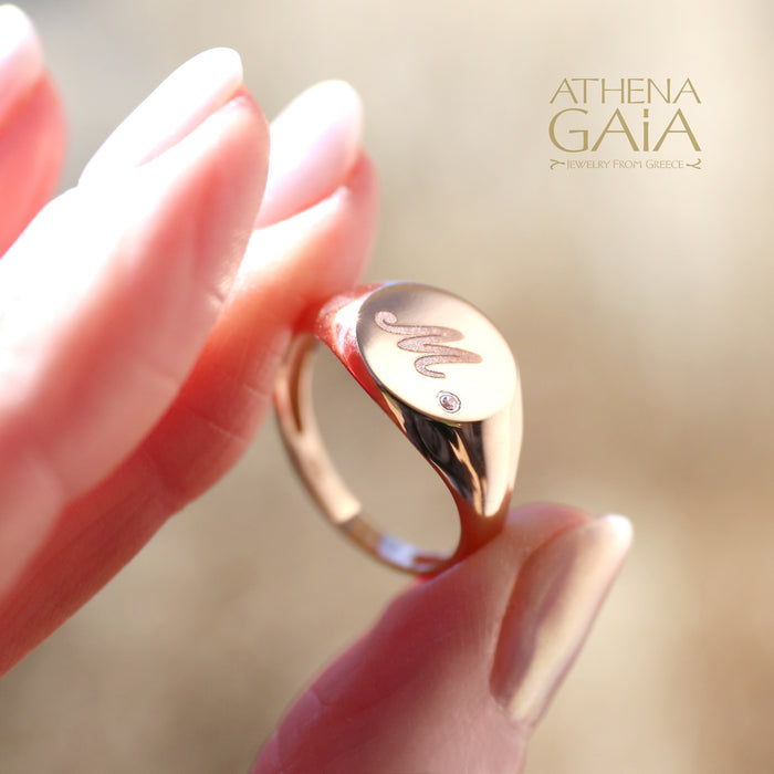 Etched Initial Ring - 18k Gold Ring - Signet Ring