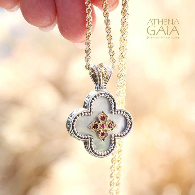 Mother of Pearl Rounded Greek Cross - 18k Gold & Sterling Silver - Orthodox Cross Necklace