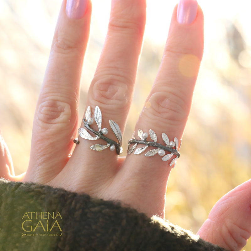 Pearl Olive Noir Full Twig Silver Ring - Sterling Silver Ring