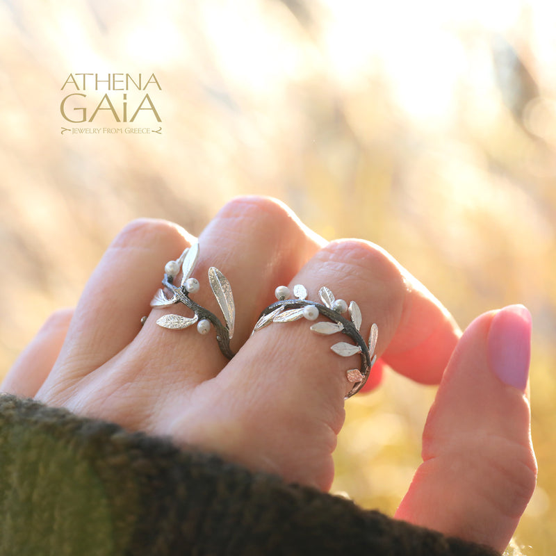 Pearl Olive Noir Full Twig Silver Ring - Sterling Silver Ring