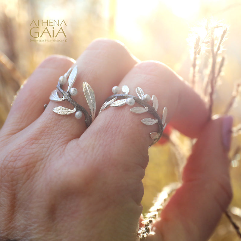 Pearl Olive Noir Full Twig Silver Ring - Sterling Silver Ring