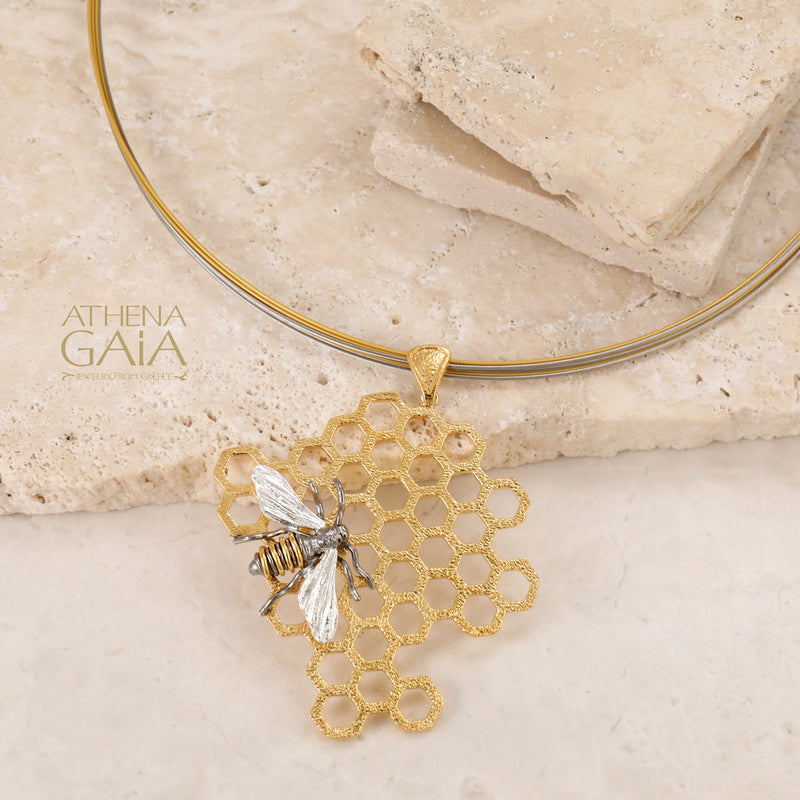 Basilissa Organic Honeycomb Bee Necklace - Gold Plated Sterling Silver Necklace