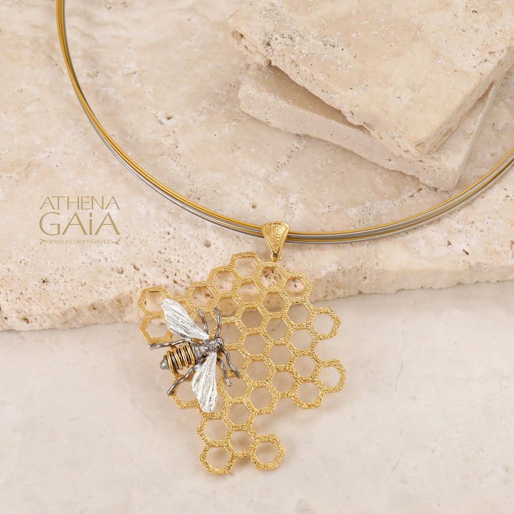 Basilissa Organic Honeycomb Bee Necklace - Gold Plated Sterling Silver Necklace