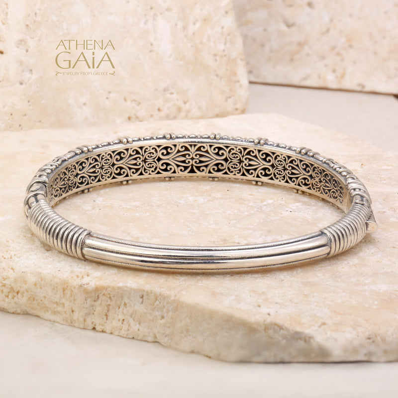 Alexander Golden Woven Crest Bracelet - 18k Gold and Sterling Silver - Hinged Bangle Bracelet