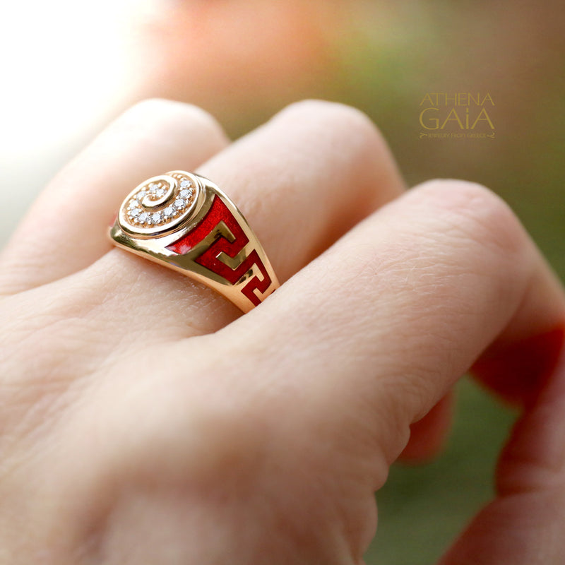 Eternal Greek Key Spira Tapered Band Ring - 18k Gold Ring - Signet Ring