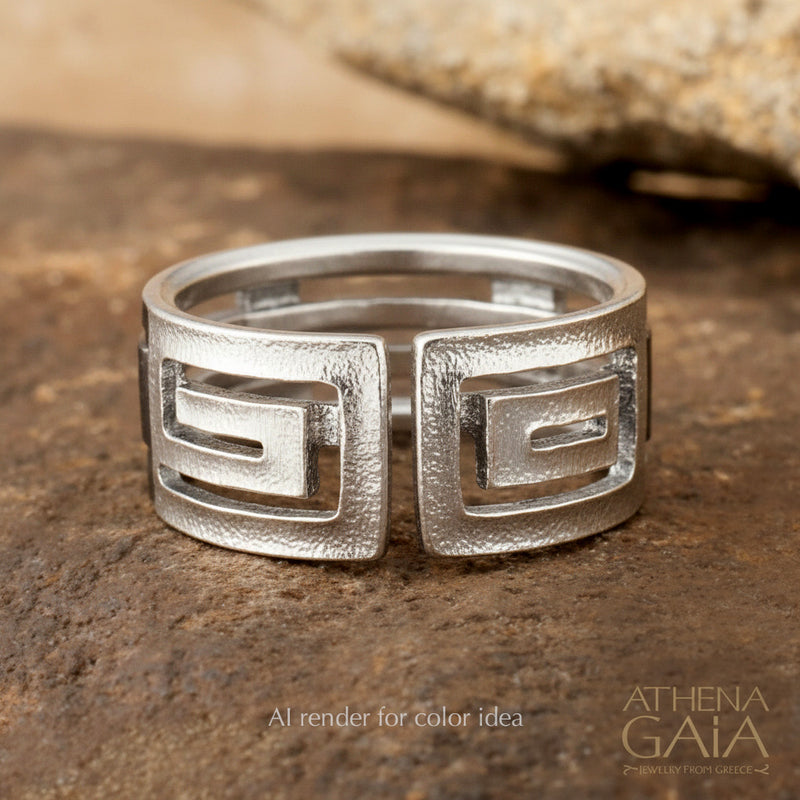 Stilvi Greek Key Bold Meandros Ring - Gold Plated Sterling Silver Ring - Cigar Band Ring