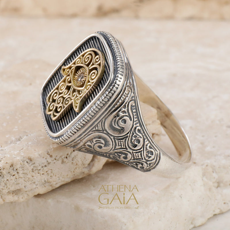 Hamsa Talisman Ring - 18k Gold & Sterling Silver Ring - Signet Ring