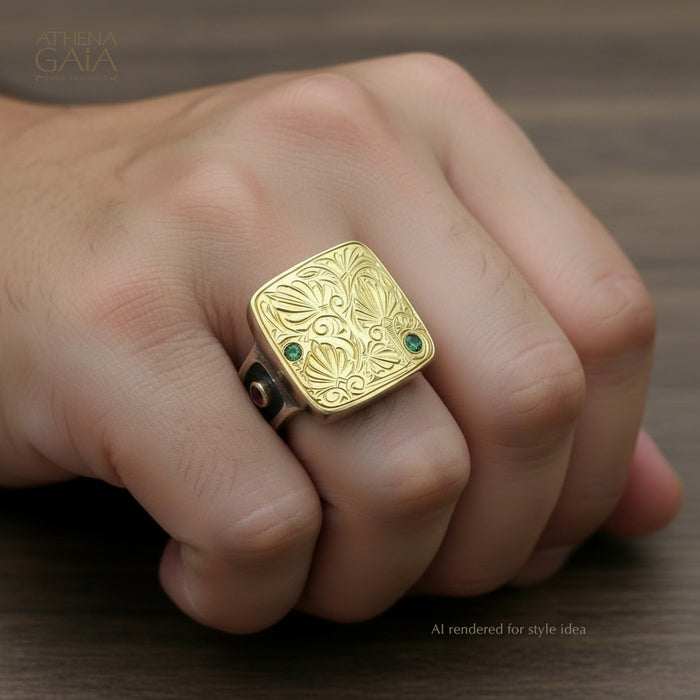 Rustic Anthemion Stone Ring - 18k Gold & Sterling Silver Ring - Cocktail Ring