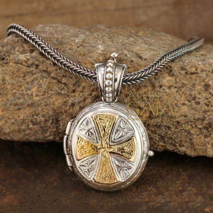 Mini Maltese Cross Locket Pendant - 18k Gold & Sterling Silver Pendant