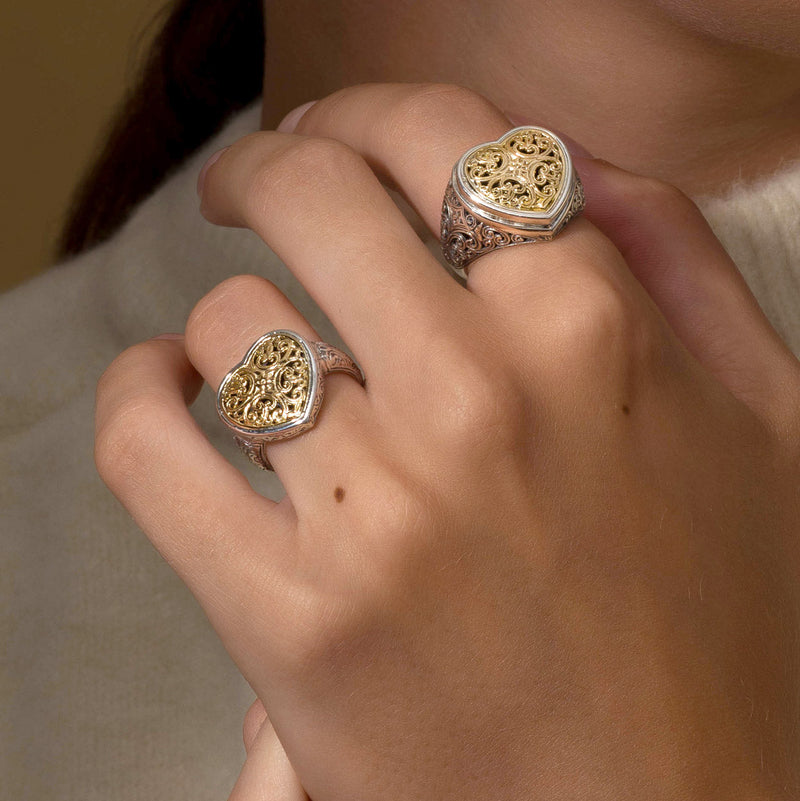 Mediterranean Heart Ring - 18k Gold & Sterling Silver Ring - Club Ring