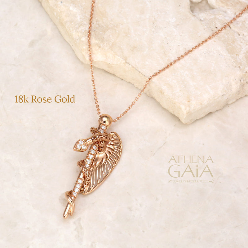 Olympian Hermes Caduceus Pendant Necklace - 18k Gold Necklace