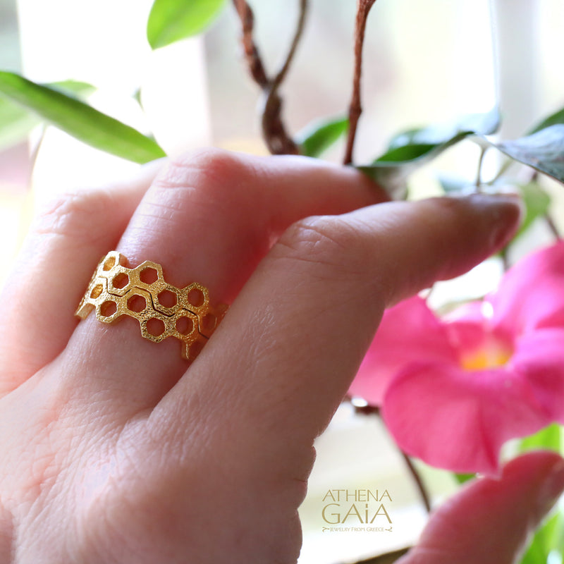 Narrow Honeycomb Open Ring - 14k Gold Ring - Cigar Band Ring