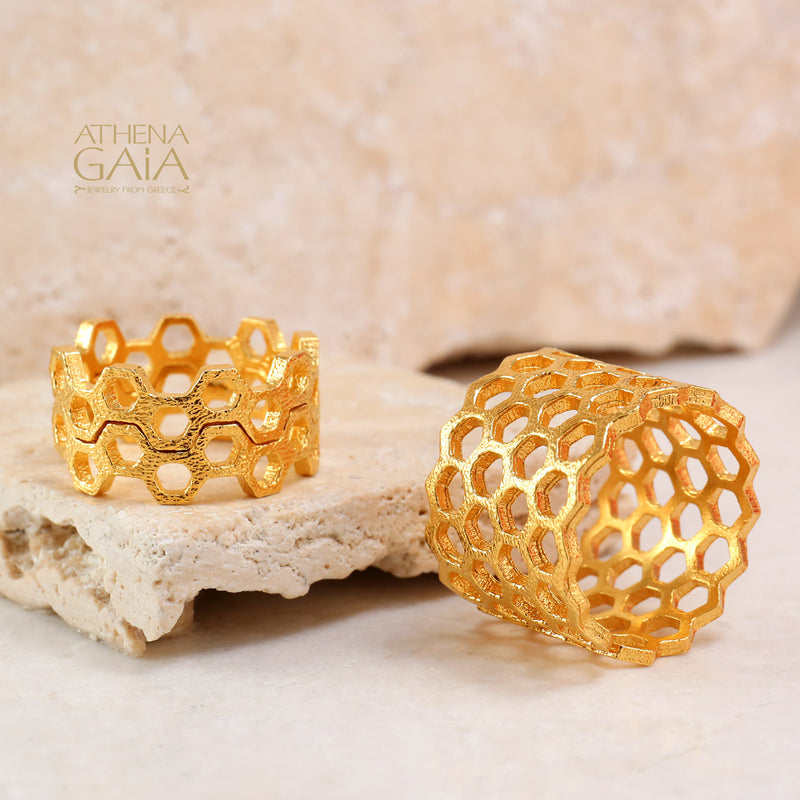 Narrow Honeycomb Open Ring - 14k Gold Ring - Cigar Band Ring