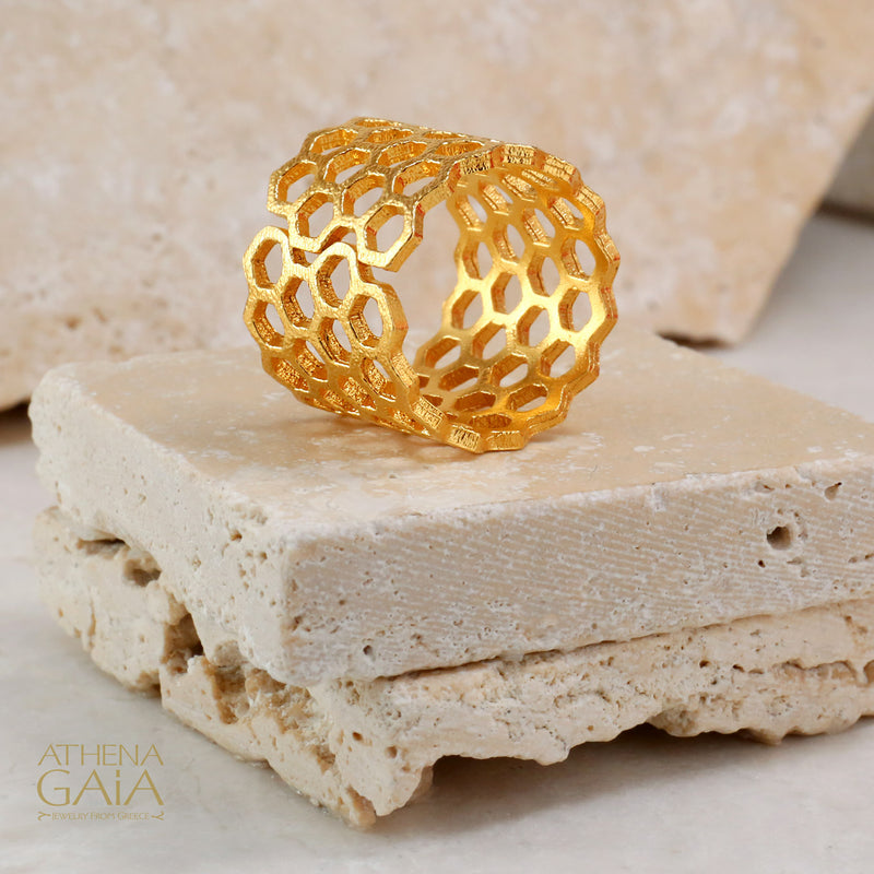 Wide Honeycomb Open Ring - 14k Gold Ring - Cigar Band Ring