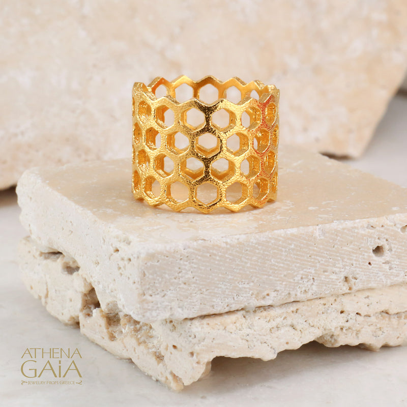 Wide Honeycomb Open Ring - 14k Gold Ring - Cigar Band Ring
