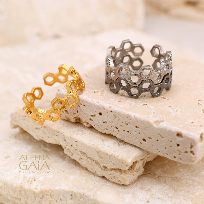 Organic 3-Stack Honeycomb Ring Set - Gold Plated Sterling Silver - Stackable Rings