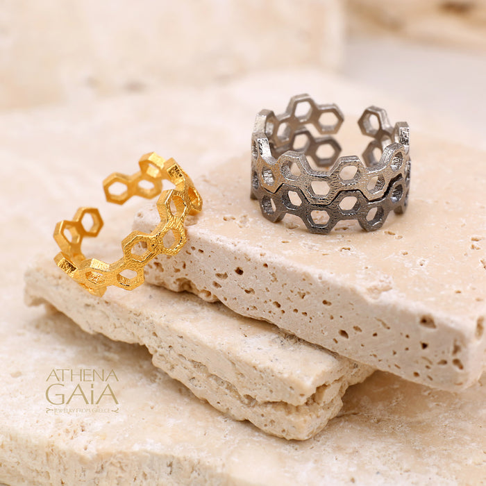 Organic 3-Stack Honeycomb Ring Set - Gold Plated Sterling Silver - Stackable Rings (In-Stock)