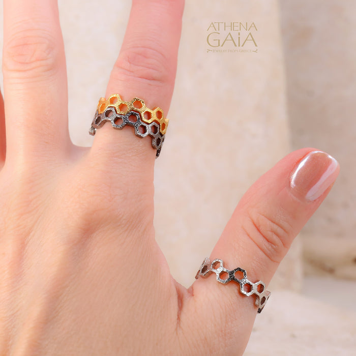 Organic 3-Stack Honeycomb Ring Set - Gold Plated Sterling Silver - Stackable Rings (In-Stock)