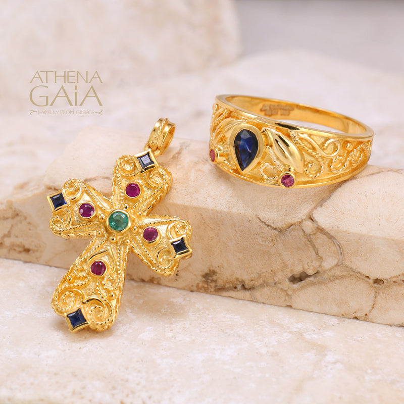 Regal Byzantine Sapphire Band Ring - 18k Gold Ring