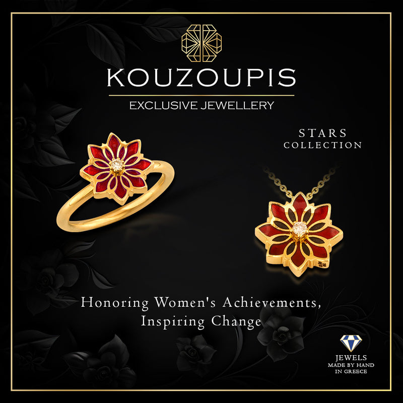 Stars Single Flower Enamel with Diamond Ring - 18k Gold Ring