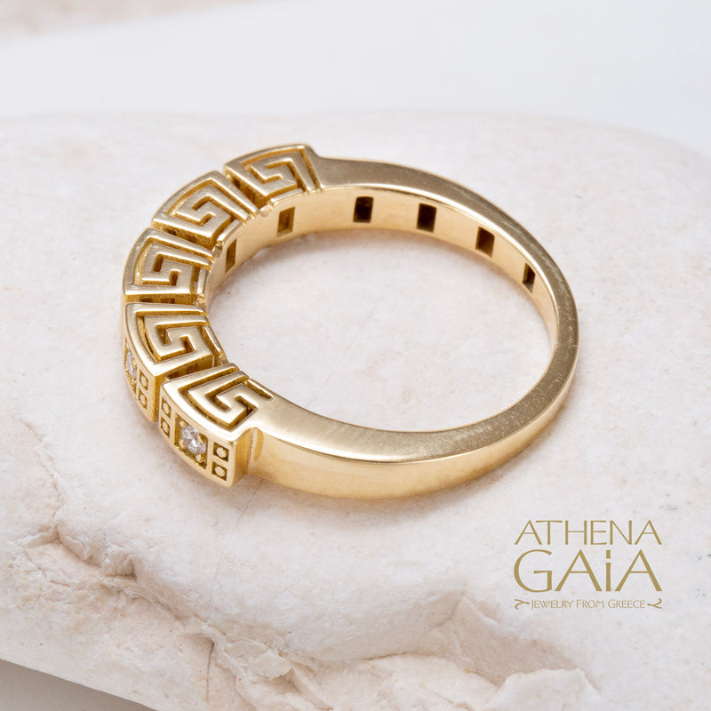 Mythical Greek Key Diamonds 5 Section Band Ring - 18k Gold Ring - Stackable Ring